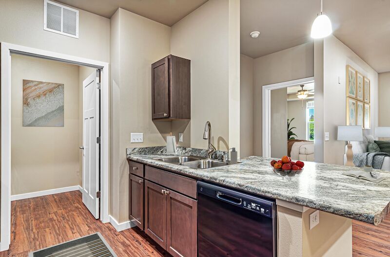 Kitchen counter and sink looking toward the entry