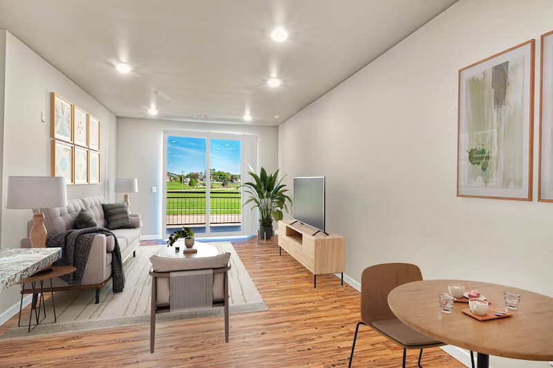 One-bedroom living room with sofa, dining table and large window