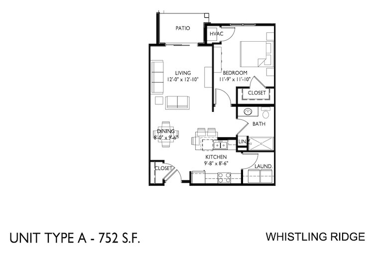 Floor plan, unit type A: one bedroom, one bath, 752 square feet