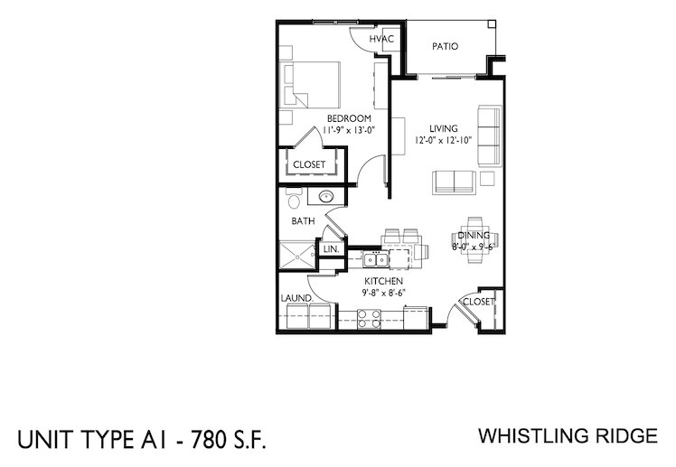 Floor plan, unit type A1: one bedroom, one bath, 780 square feet