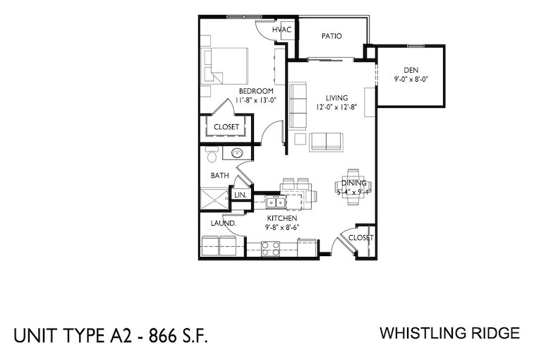 Floor plan, unit type A2: one bedroom plus den, one bath, 866 square feet