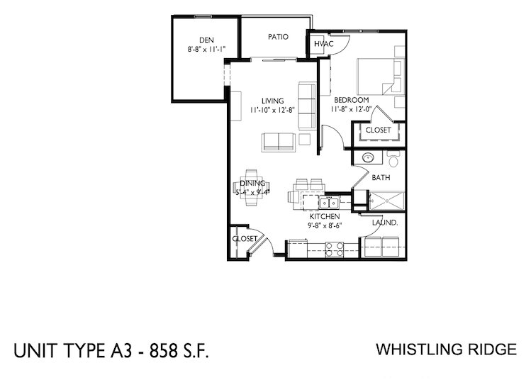 Floor plan, unit type A3: one bedroom plus den, one bath, 858 square feet