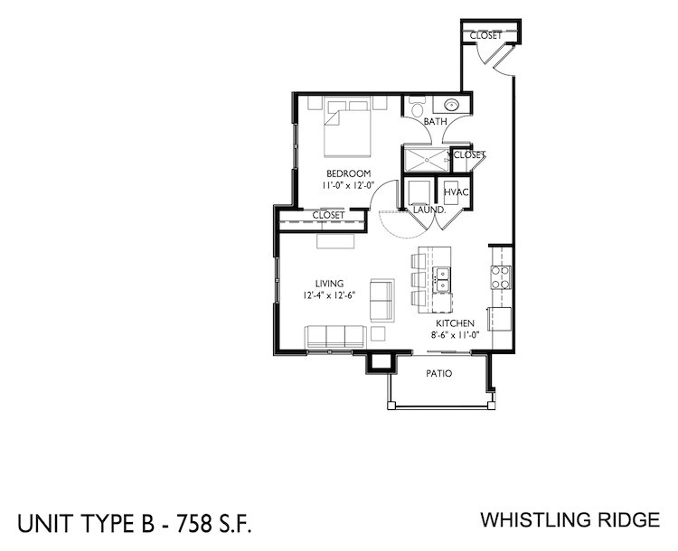 Floor plan, unit type B: one bedroom, one bath, 758 square feet