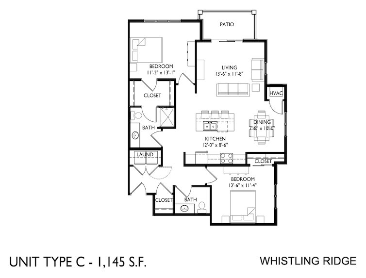Floor plan, unit type C: two bedrooms, two baths, 1,145 square feet