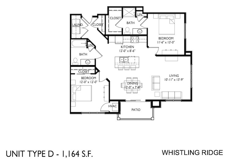 Floor plan, unit type D: two bedrooms, two baths, 1,164 square feet