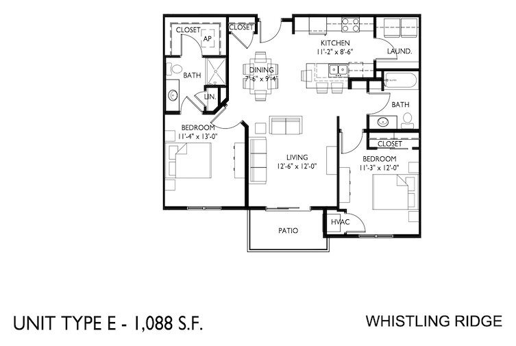 Floor plan, unit type E: two bedrooms, two baths, 1,088 square feet